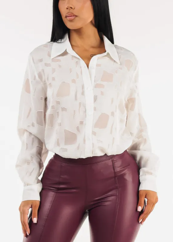 White Long Sleeve Button Up Textured Collared Blouse sold by Moda