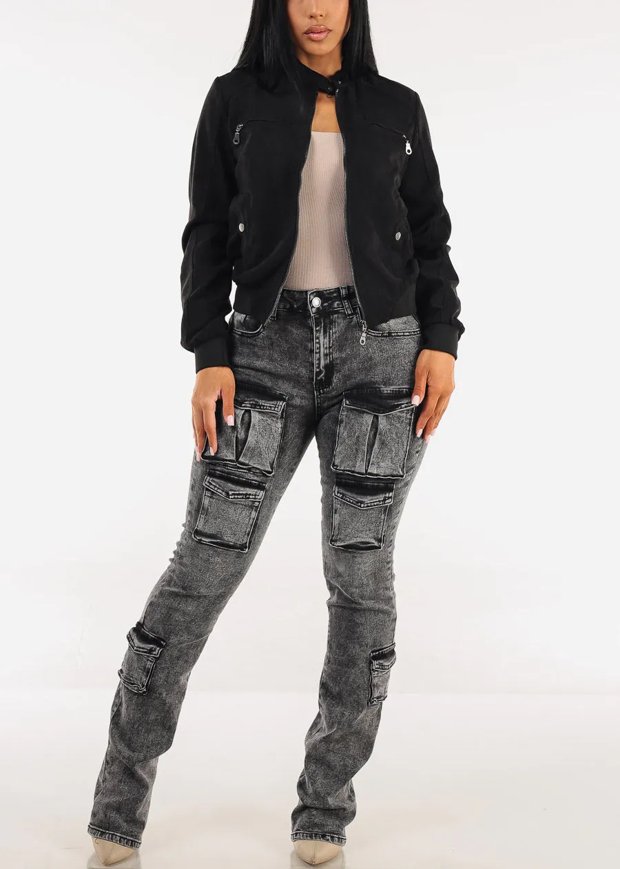 Stretchy High Waist Stacked Leg Cargo Jeans Black Acid Wash sold by Moda product image thumbnail 2