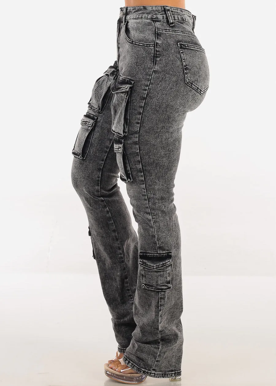 Stretchy High Waist Stacked Leg Cargo Jeans Black Acid Wash sold by Moda product image thumbnail 3