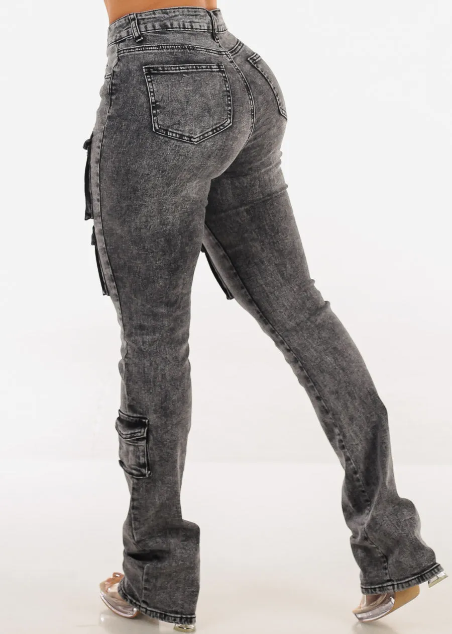 Stretchy High Waist Stacked Leg Cargo Jeans Black Acid Wash sold by Moda product image thumbnail 4