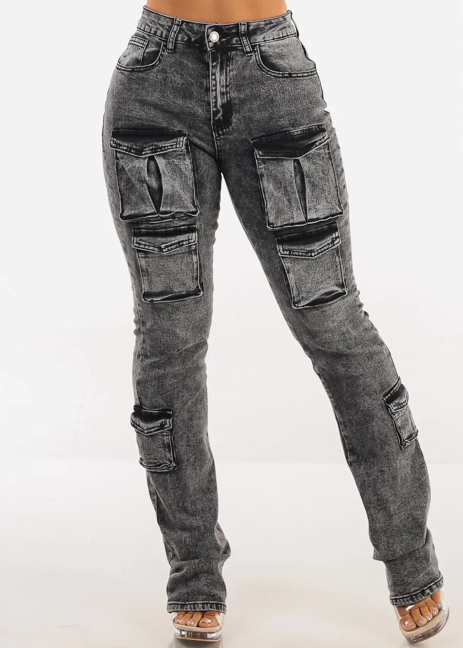 Stretchy High Waist Stacked Leg Cargo Jeans Black Acid Wash sold by Moda