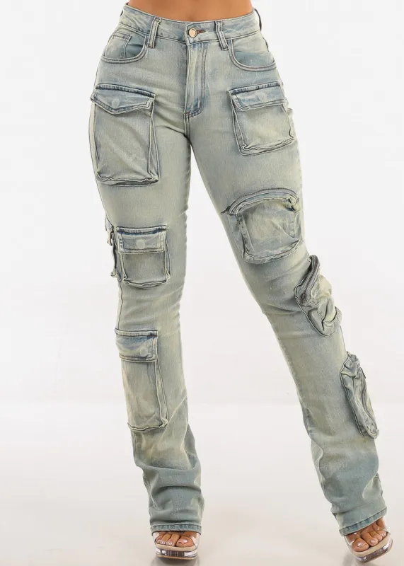 Stretchy High Waist Stacked Leg Cargo Jeans Vintage Wash sold by Moda