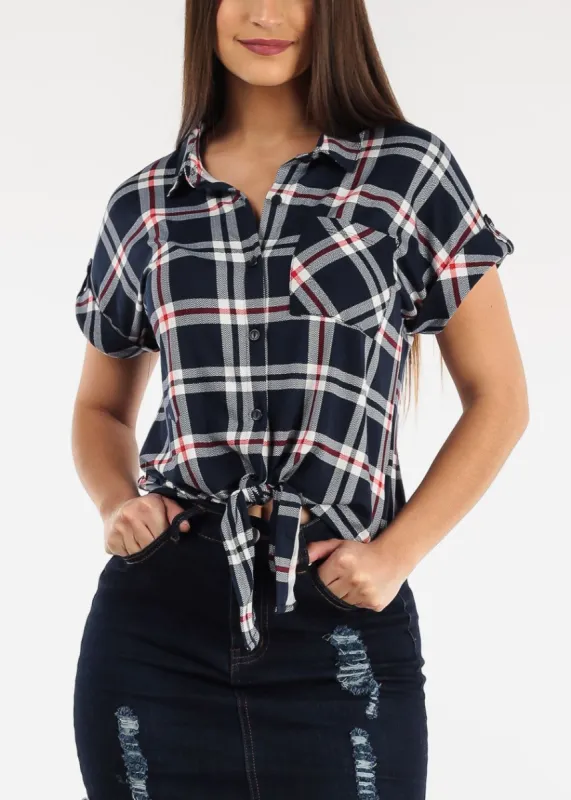 Short Sleeve Tie Front Button Up Plaid Shirt Navy sold by Moda