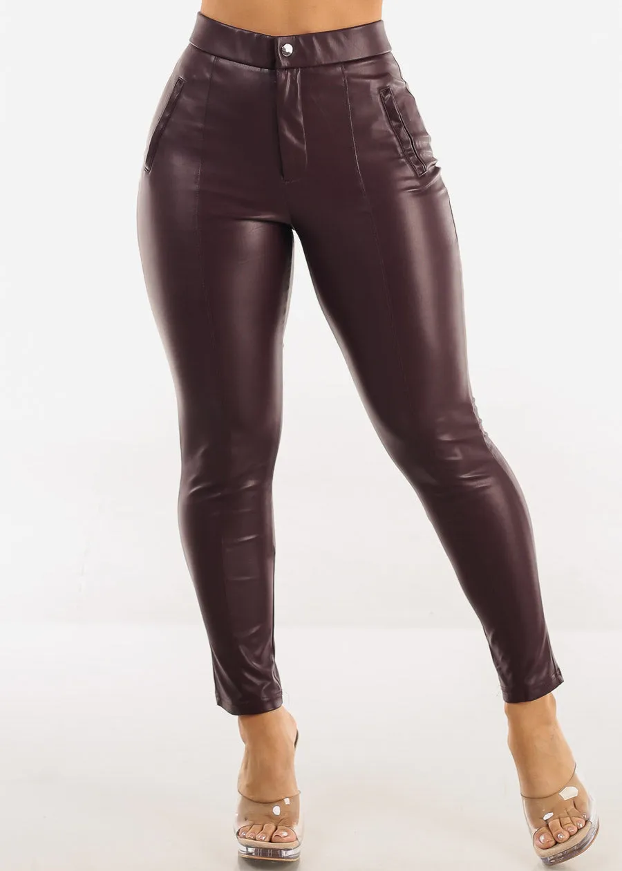 Butt Lift Vegan Leather Super High Waist Skinny Pants Burgundy sold by Moda product image thumbnail 3