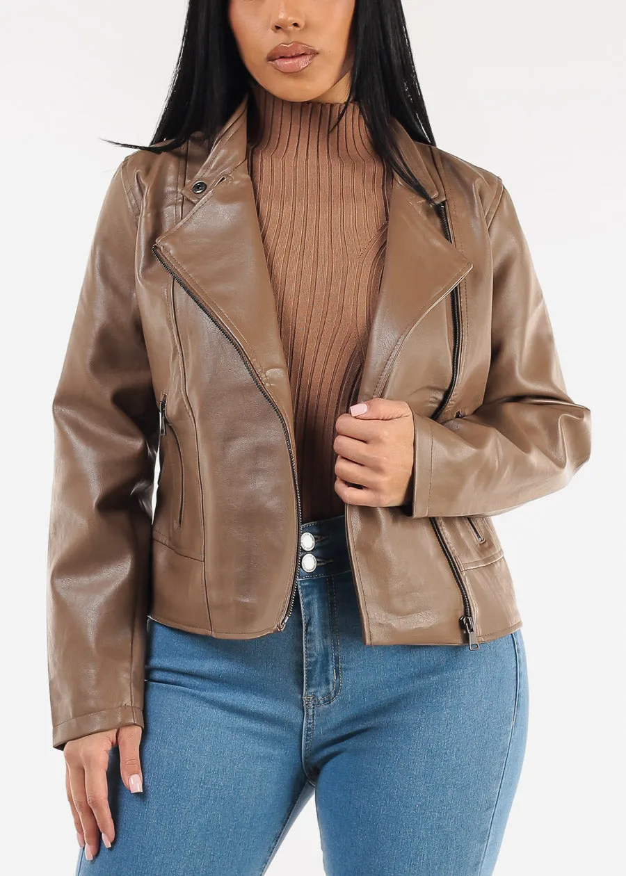 Zip Up Vegan Leather Moto Jacket Brown sold by Moda product image thumbnail 3