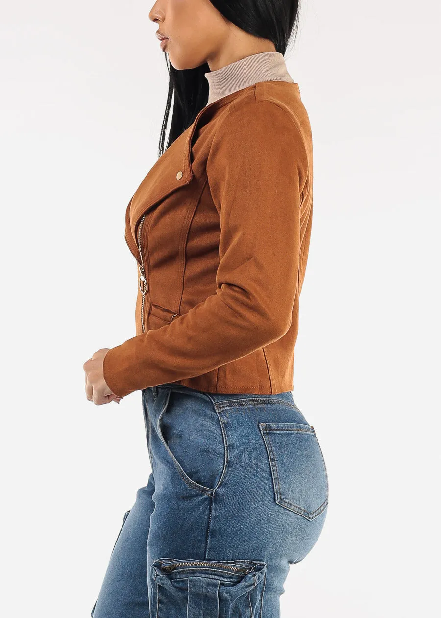 Long Sleeve Zip Up Suede Moto Jacket Camel sold by Moda product image thumbnail 3