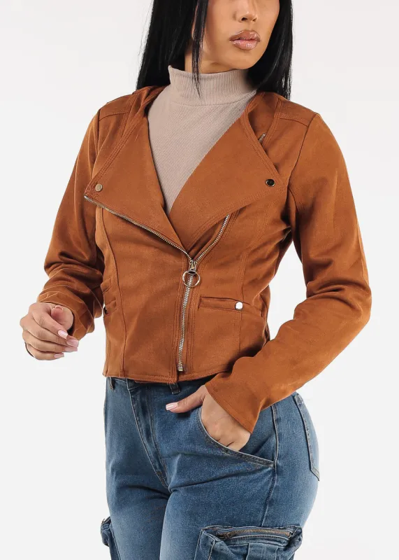 Long Sleeve Zip Up Suede Moto Jacket Camel sold by Moda