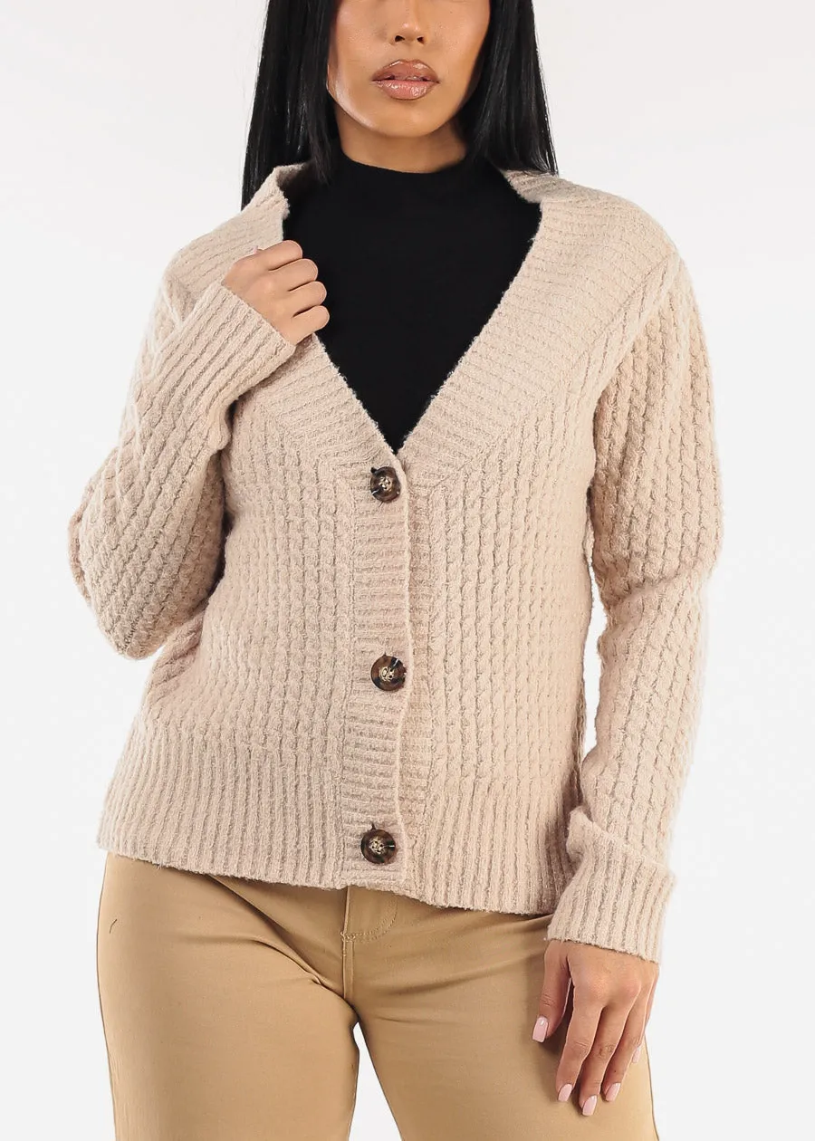 Long Sleeve Button Up Knitted Sweater Beige sold by Moda