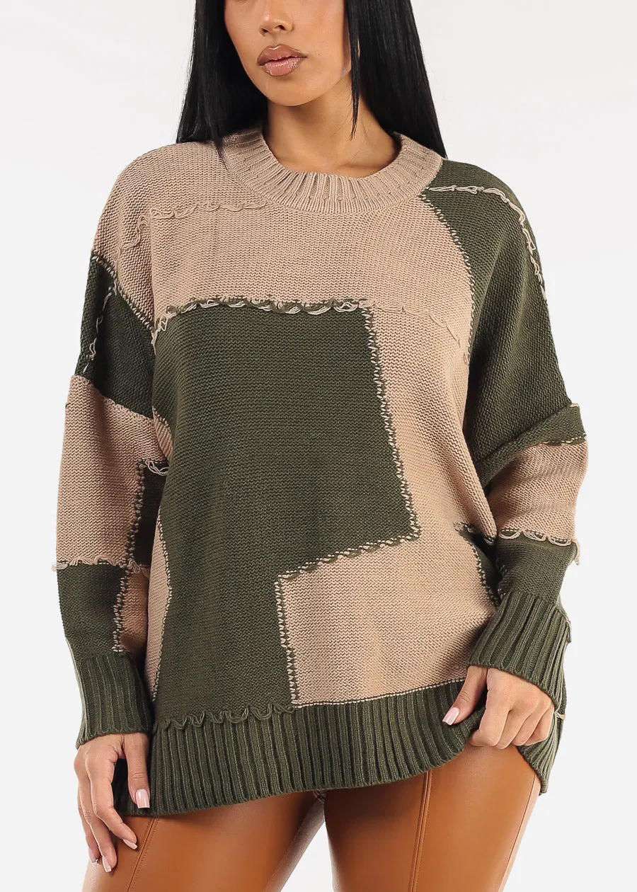 Long Sleeve Colorblock Sweater Olive & Taupe sold by Moda