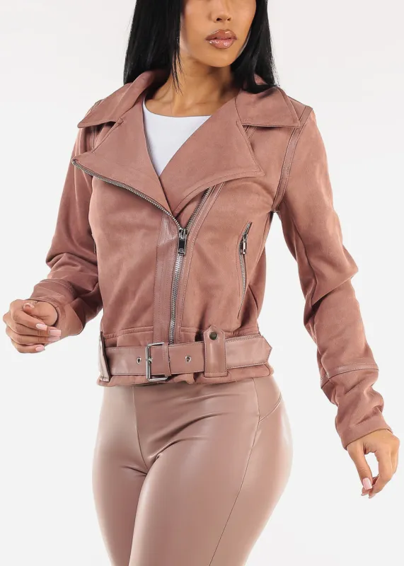 Long Sleeve Zip Up Suede Jacket Mauve w Belt sold by Moda