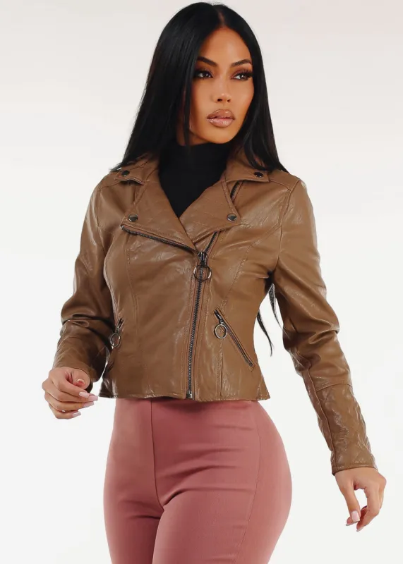Zip Up Vegan Leather Moto Jacket Brown sold by Moda