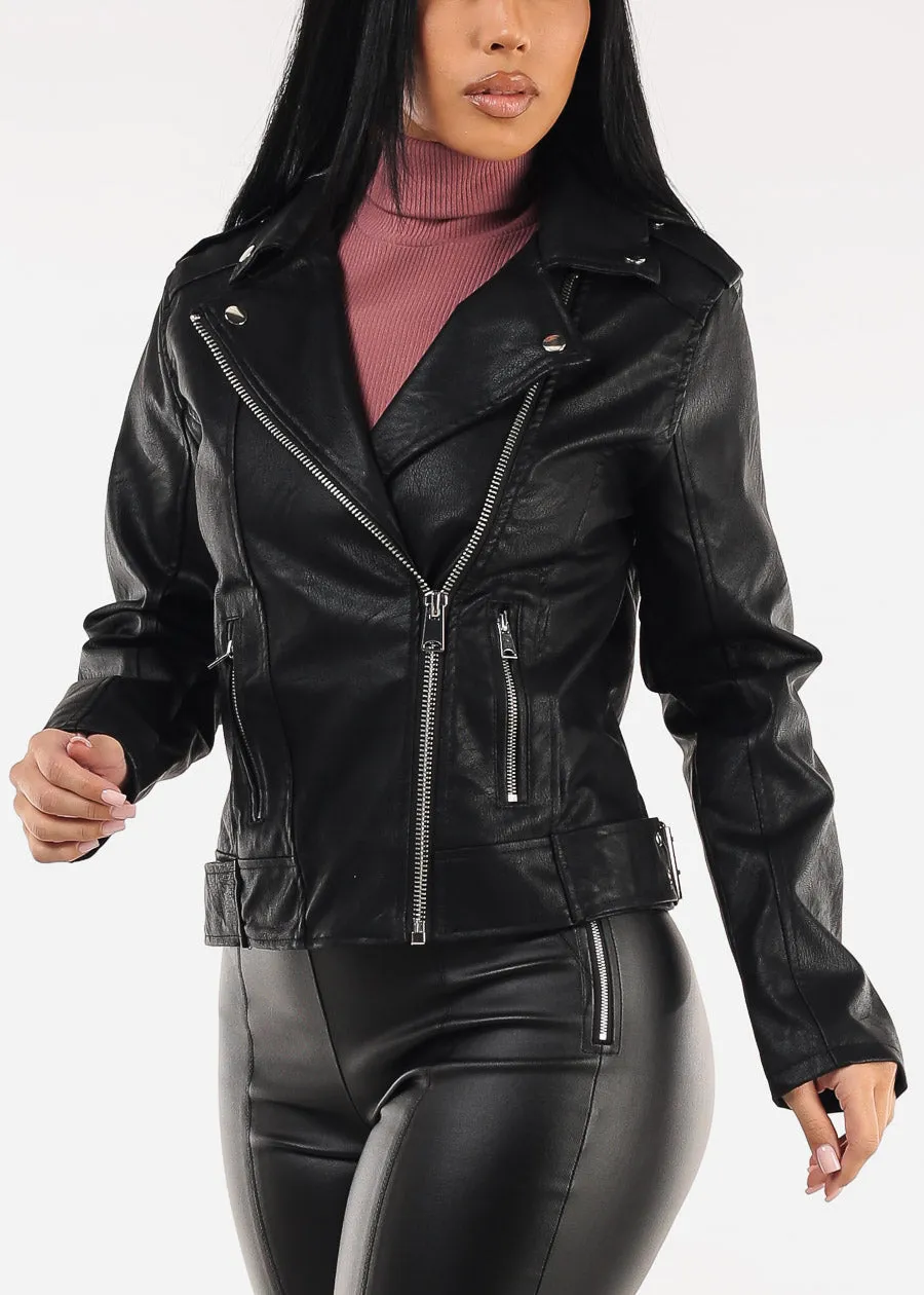 Black Vegan Leather Zip Up Moto Jacket sold by Moda product image thumbnail 3