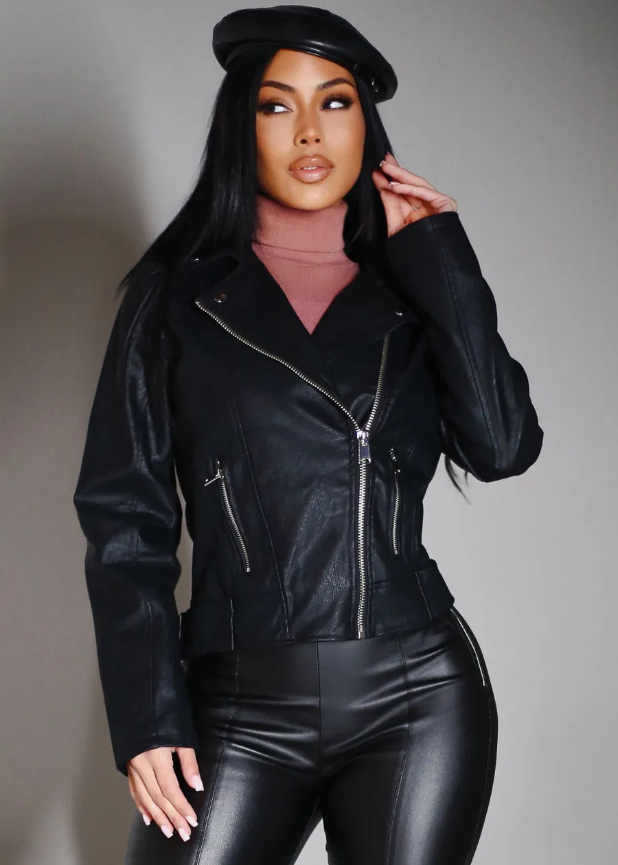 Black Vegan Leather Zip Up Moto Jacket sold by Moda