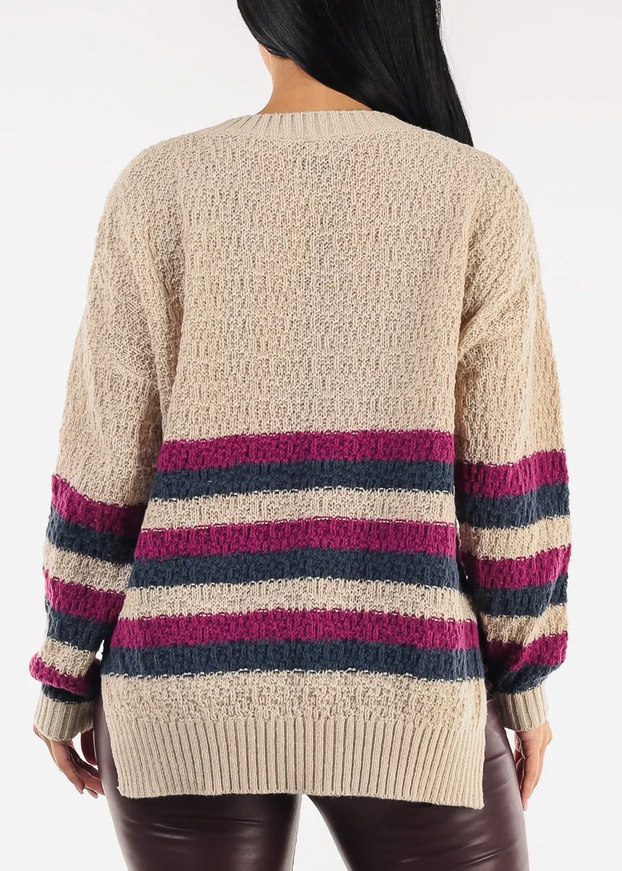 Long Sleeve Stripe Vneck Knitted Sweater Beige sold by Moda product image thumbnail 4