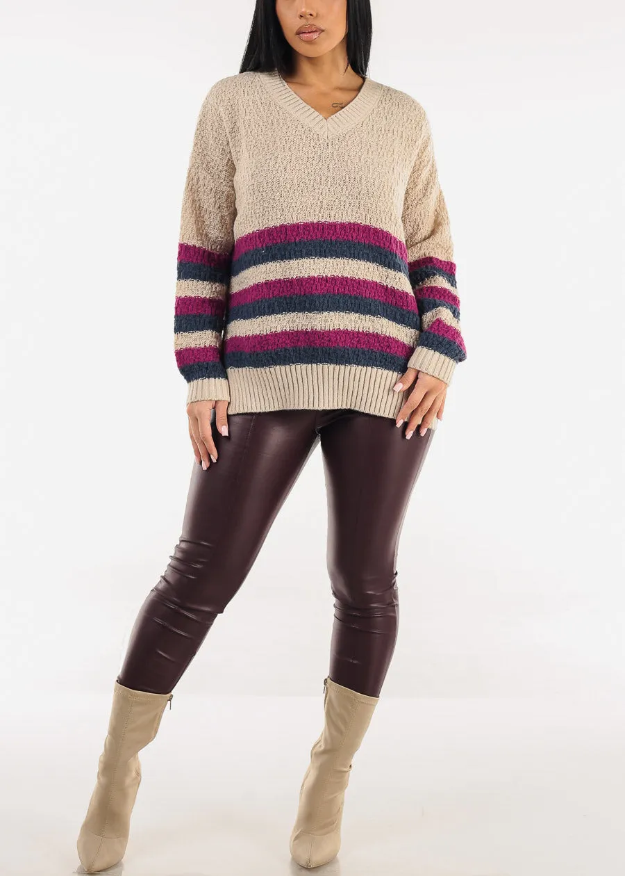 Long Sleeve Stripe Vneck Knitted Sweater Beige sold by Moda product image thumbnail 2