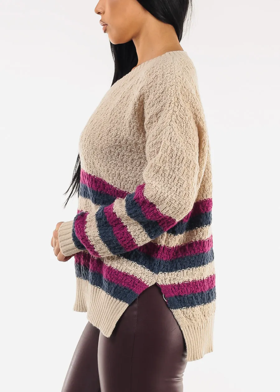 Long Sleeve Stripe Vneck Knitted Sweater Beige sold by Moda product image thumbnail 3