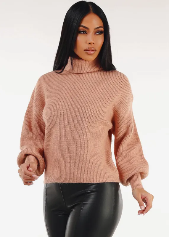Long Sleeve Turtleneck Rib Knitted Sweater Blush sold by Moda