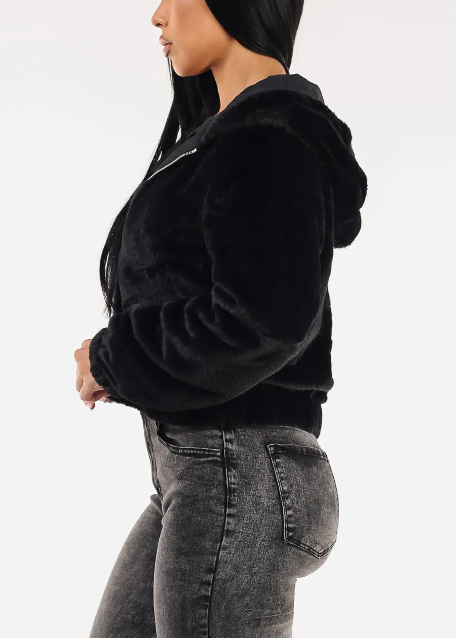 Reversible Faux Fur Zip Up Jacket Black w Hoodie sold by Moda product image thumbnail 3