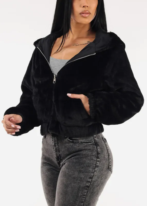 Reversible Faux Fur Zip Up Jacket Black w Hoodie sold by Moda