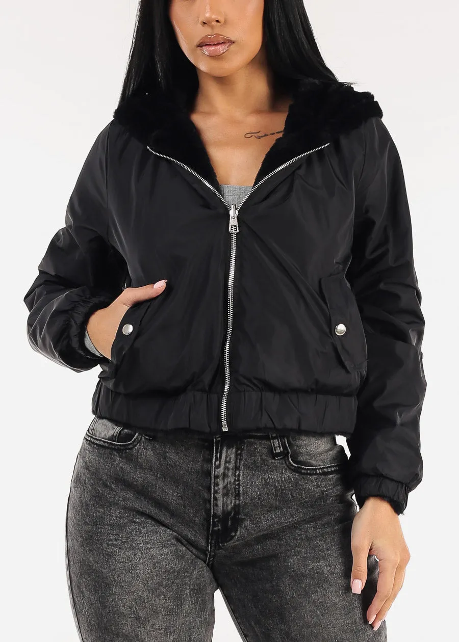 Reversible Faux Fur Zip Up Jacket Black w Hoodie sold by Moda product image thumbnail 5