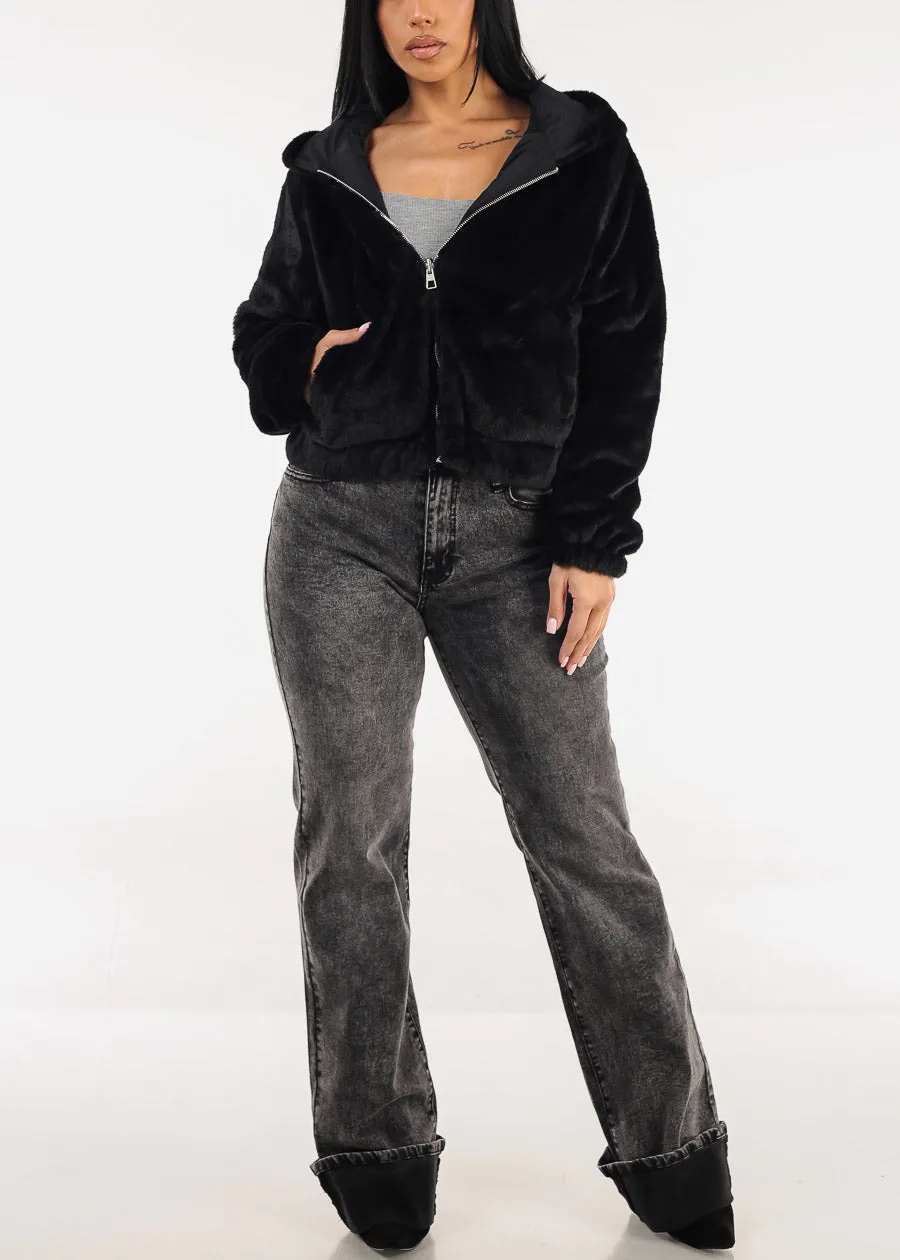 Reversible Faux Fur Zip Up Jacket Black w Hoodie sold by Moda product image thumbnail 2