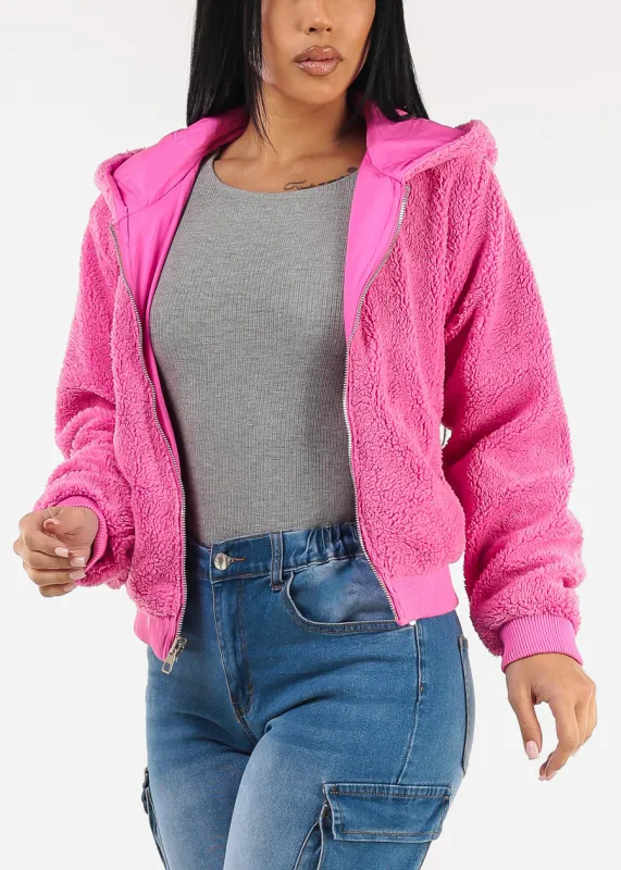 Reversible Sherpa Zip Up Jacket Hot Pink w Hoodie made by iris