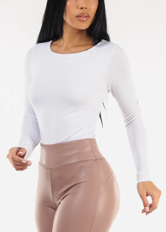 Long Sleeve Round Neck Stretch Ribbed Top White made by Active Basic