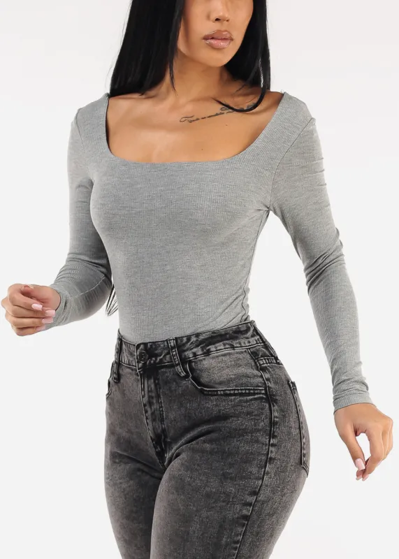 Stretchy Long Sleeve Square Neck Ribbed Top Grey sold by Moda