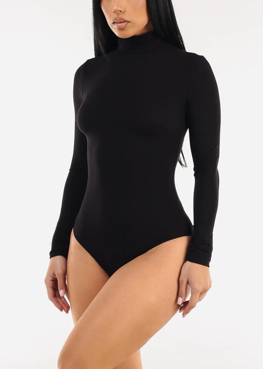 Stretchy Long Sleeve Turtleneck Ribbed Bodysuit Black sold by Moda