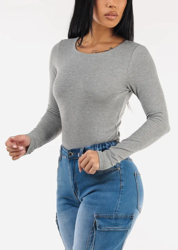 Long Sleeve Round Neck Stretch Ribbed Top Grey sold by Moda