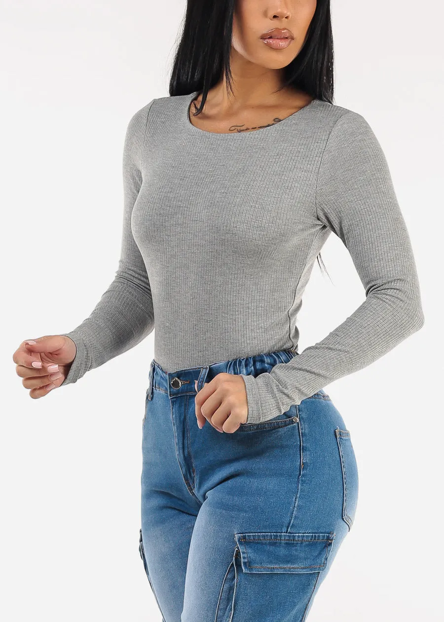 Long Sleeve Round Neck Stretch Ribbed Top Grey sold by Moda