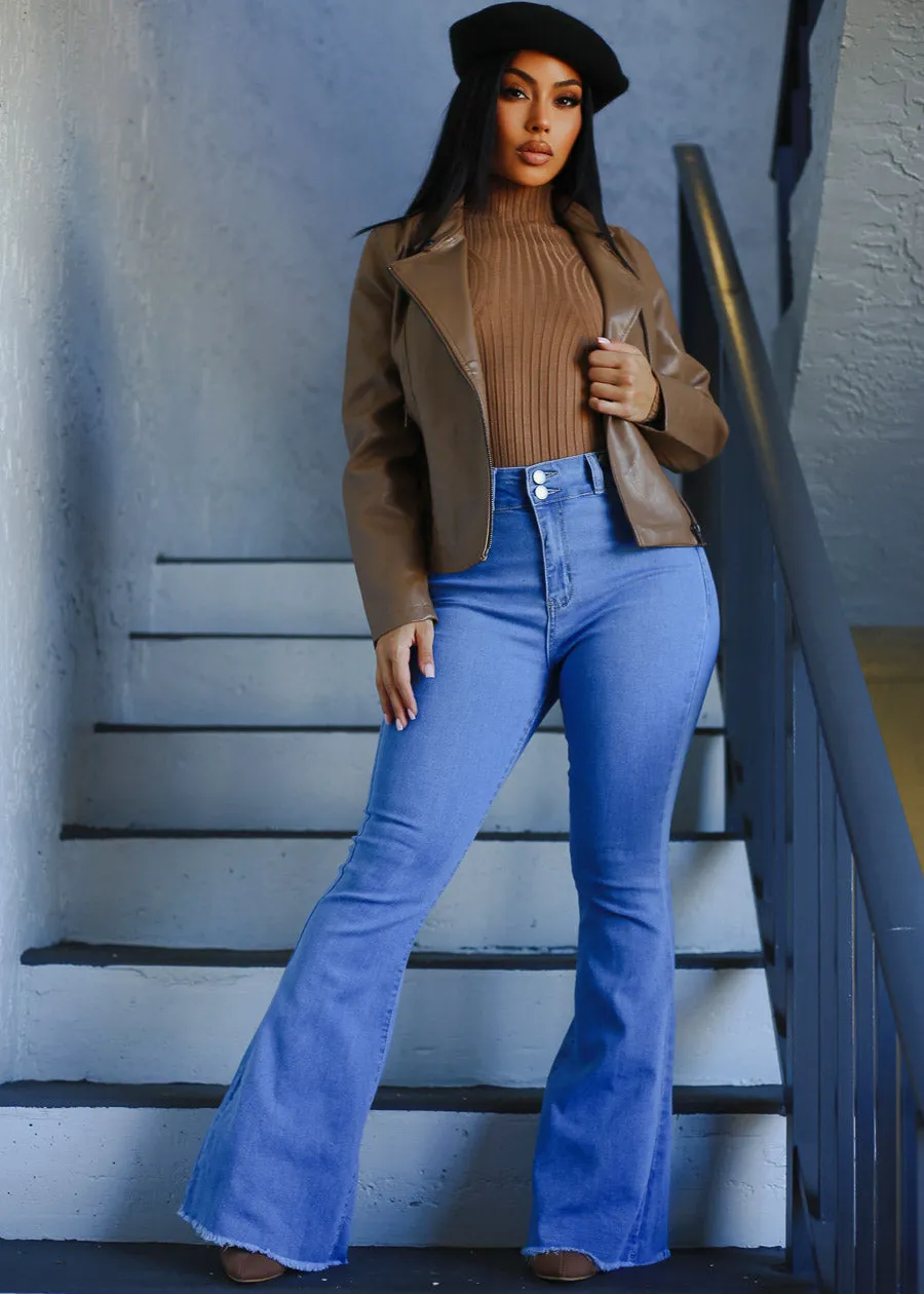 High Waisted Stretch Flared Jeans Med Wash w Suspenders sold by Moda product image thumbnail 3