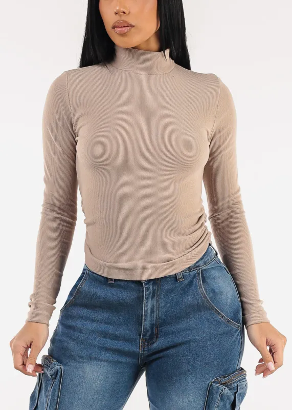 Long Sleeve Turtleneck Stretch Sweater Top Dark Beige sold by Moda