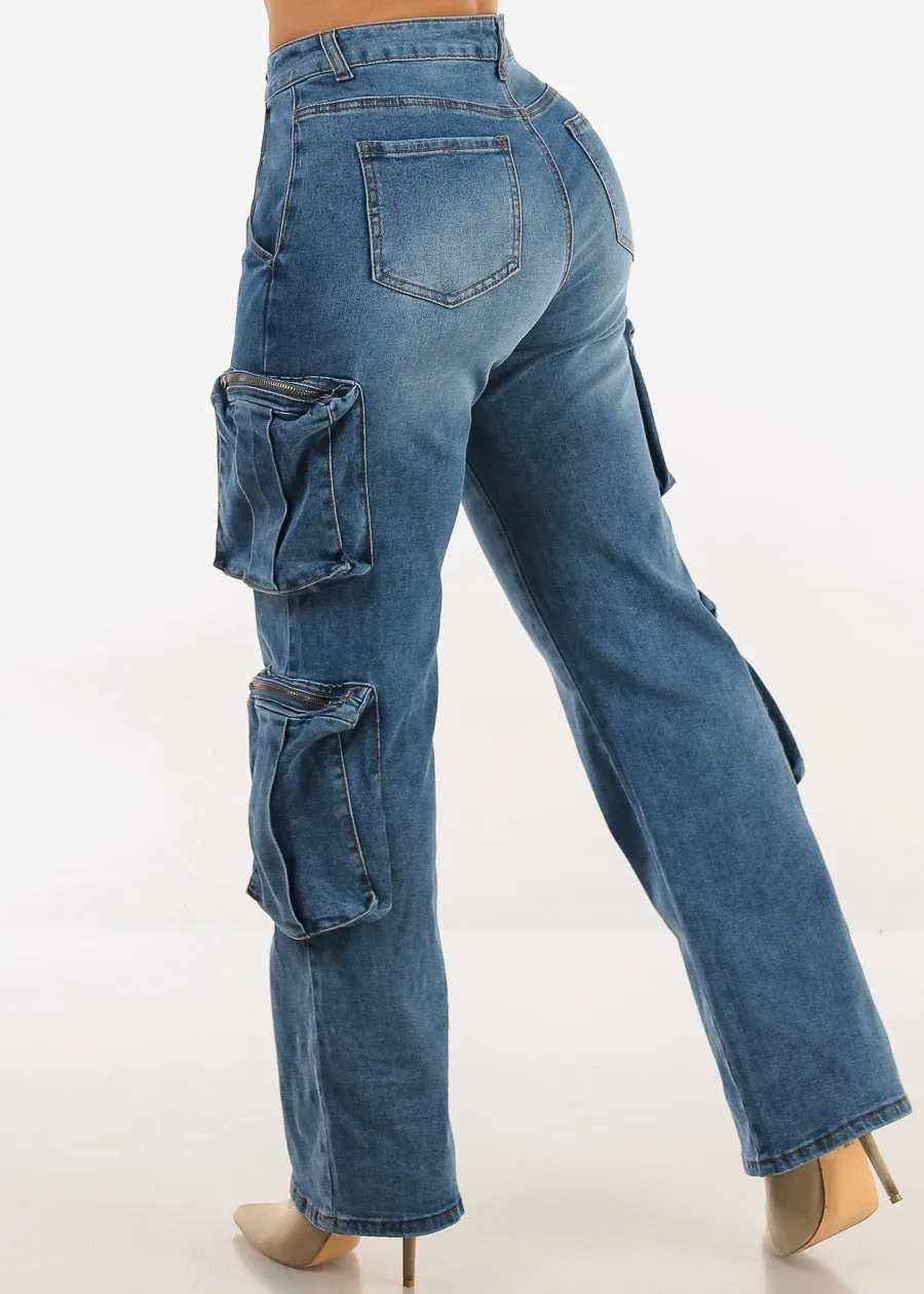 High Waisted Stretch Cargo Jeans Med Wash sold by Moda product image thumbnail 4
