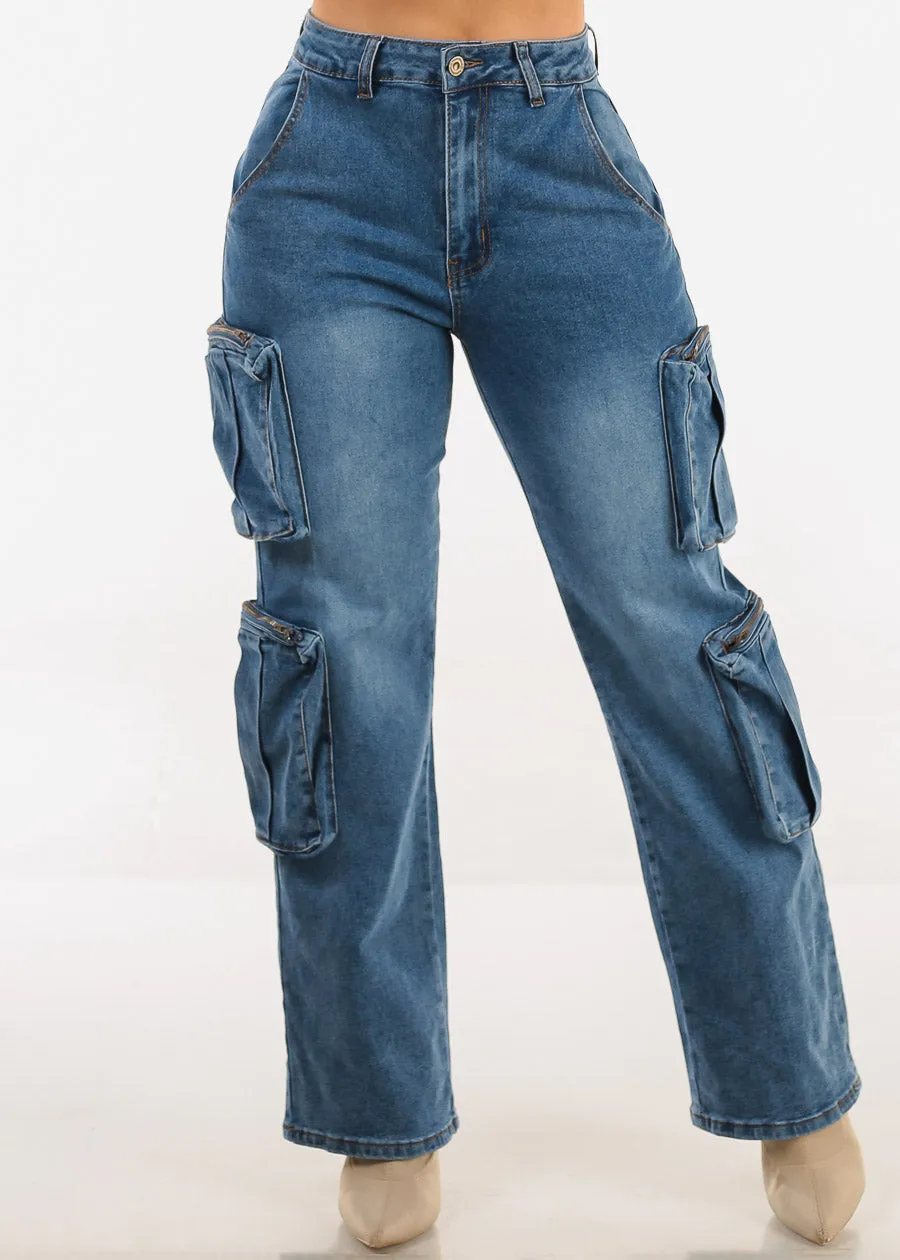 High Waisted Stretch Cargo Jeans Med Wash sold by Moda