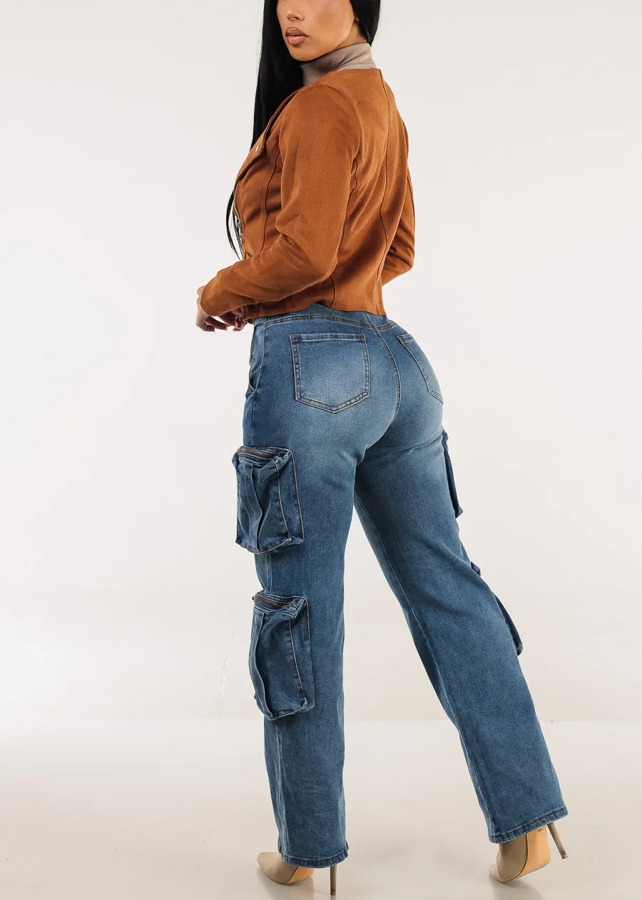 High Waisted Stretch Cargo Jeans Med Wash sold by Moda product image thumbnail 5