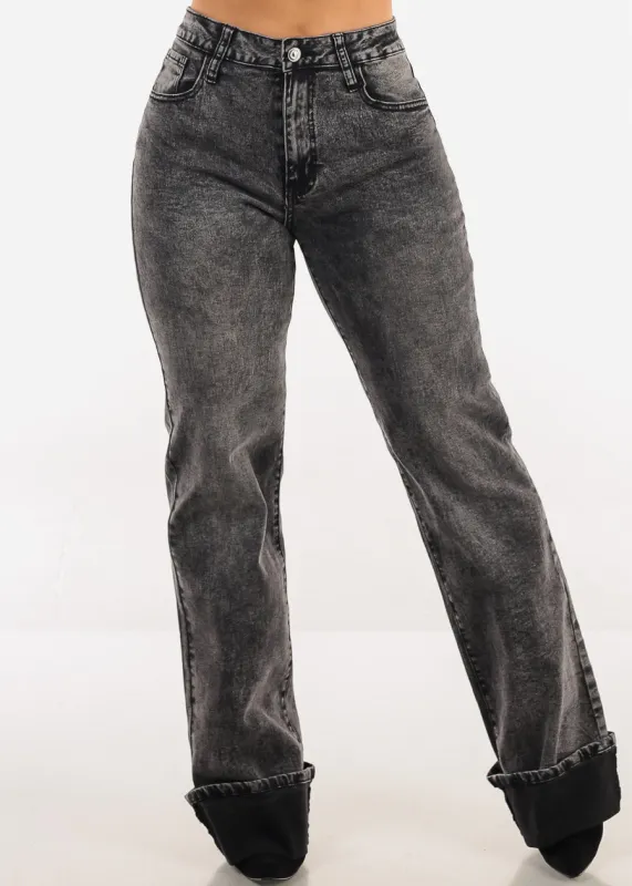 Stretchy High Waist Cuffed Wide Leg Jeans Black Acid Wash sold by Moda