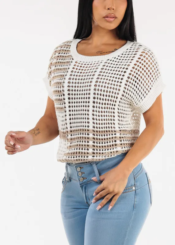 Short Sleeve Multi Stripe Crochet Knit Top Off White sold by Moda
