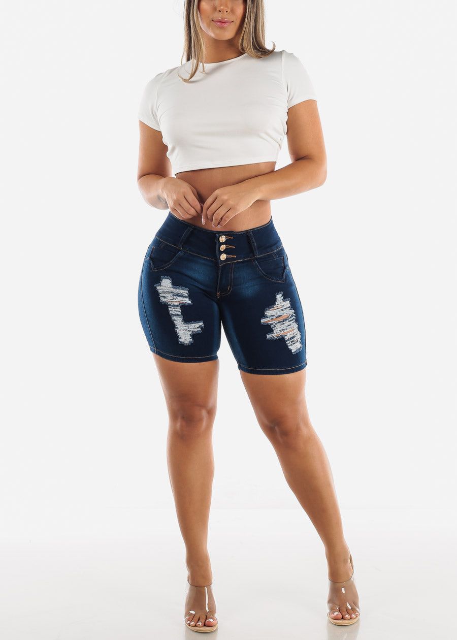 MX JEANS Butt Lift Mid Thigh Ripped Dark Shorts sold by Moda product image thumbnail 5