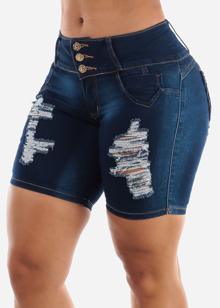 MX JEANS Butt Lift Mid Thigh Ripped Dark Shorts sold by Moda product image thumbnail 6