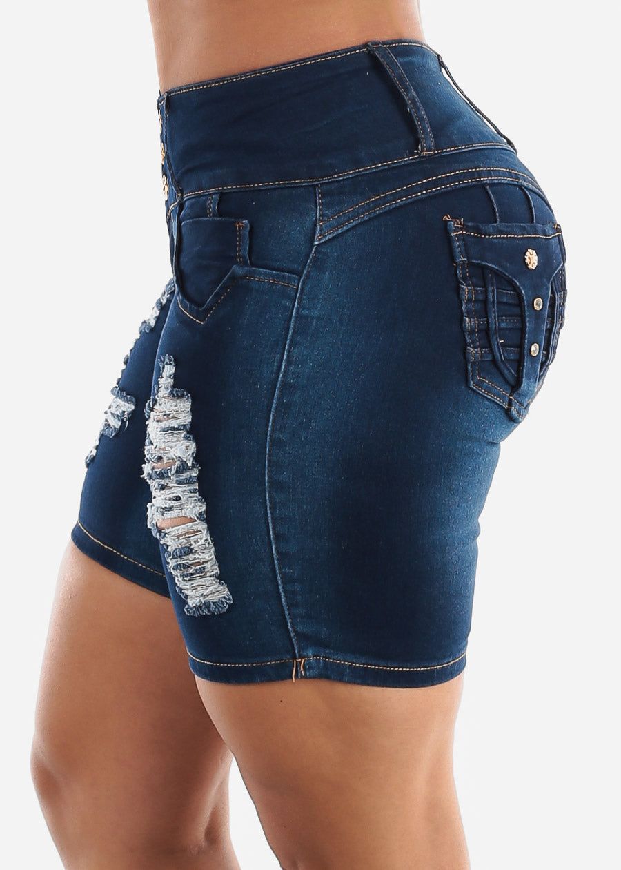 MX JEANS Butt Lift Mid Thigh Ripped Dark Shorts sold by Moda product image thumbnail 7
