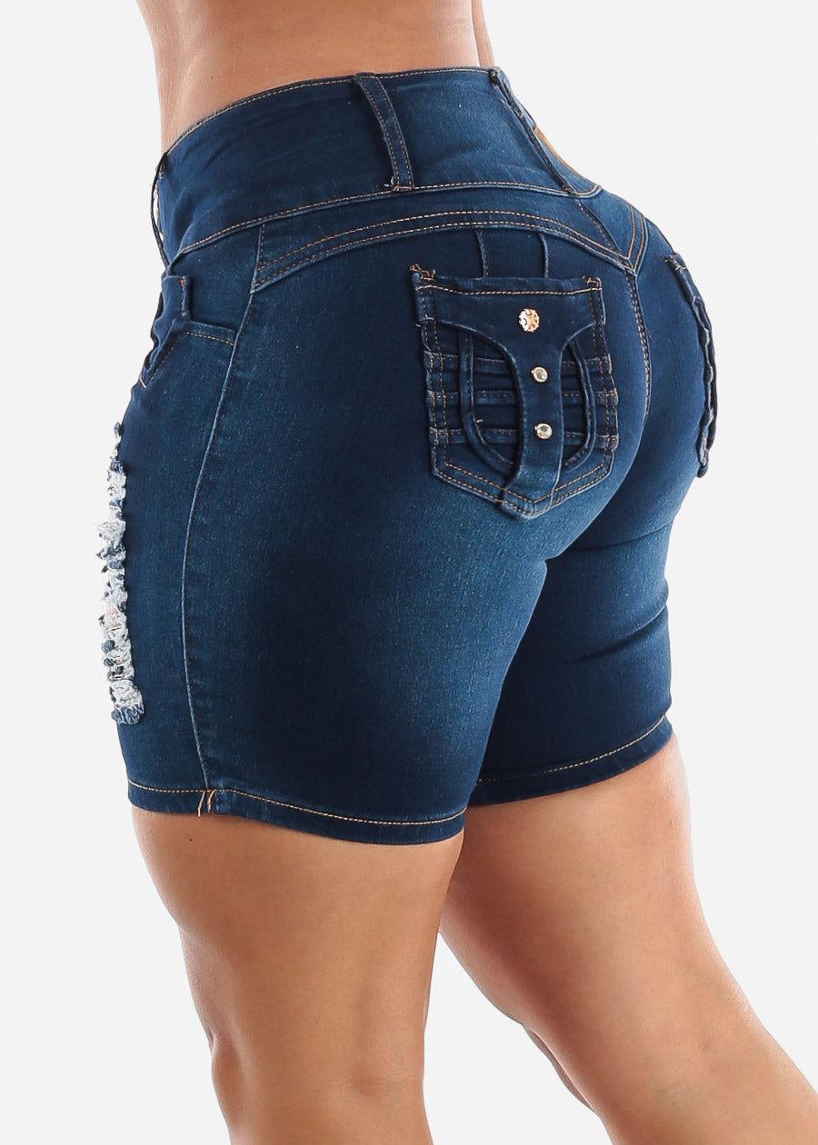 MX JEANS Butt Lift Mid Thigh Ripped Dark Shorts sold by Moda product image thumbnail 4