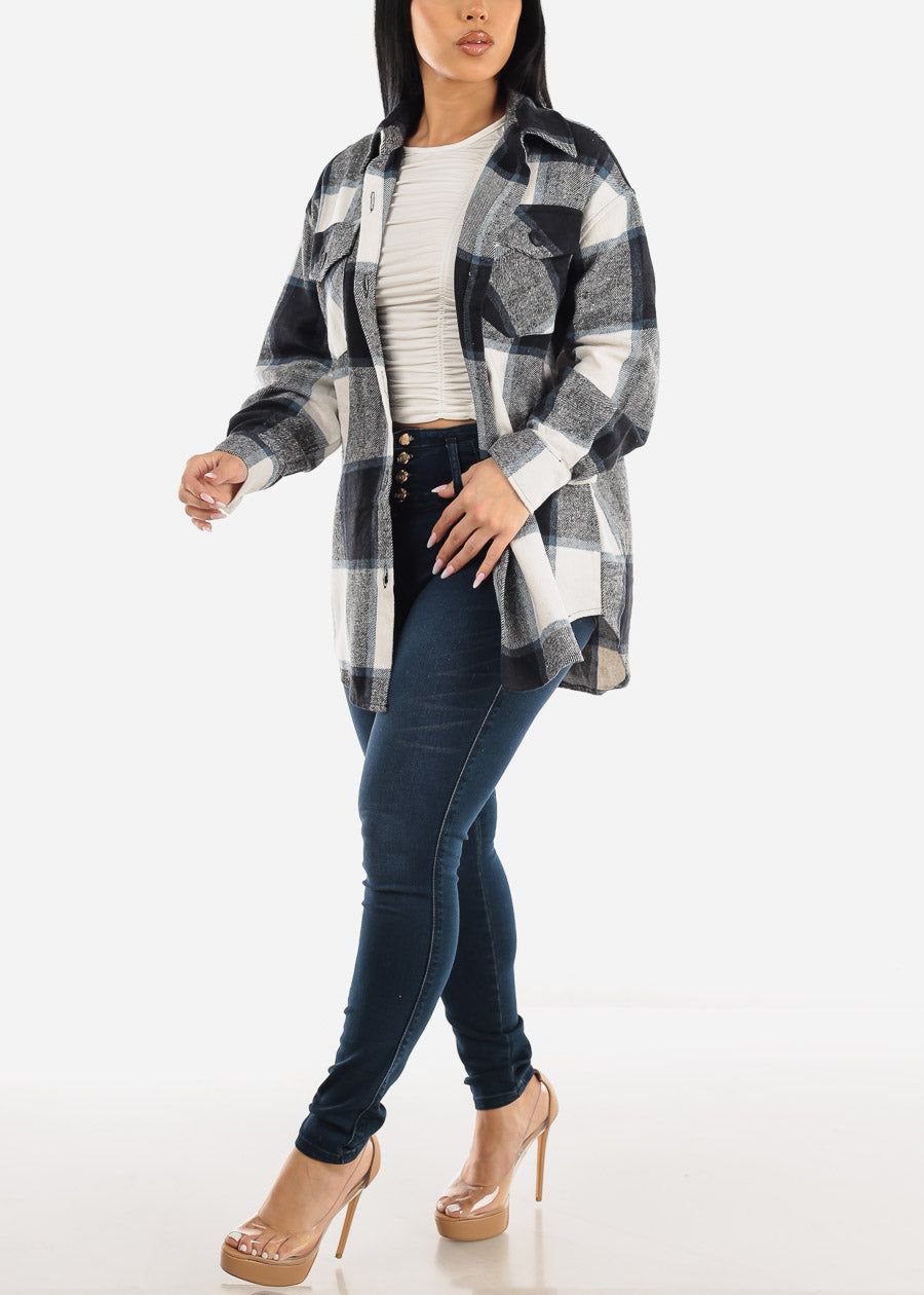 Oversized Plaid Button Down Cotton Shacket Navy & Black sold by Moda product image thumbnail 2