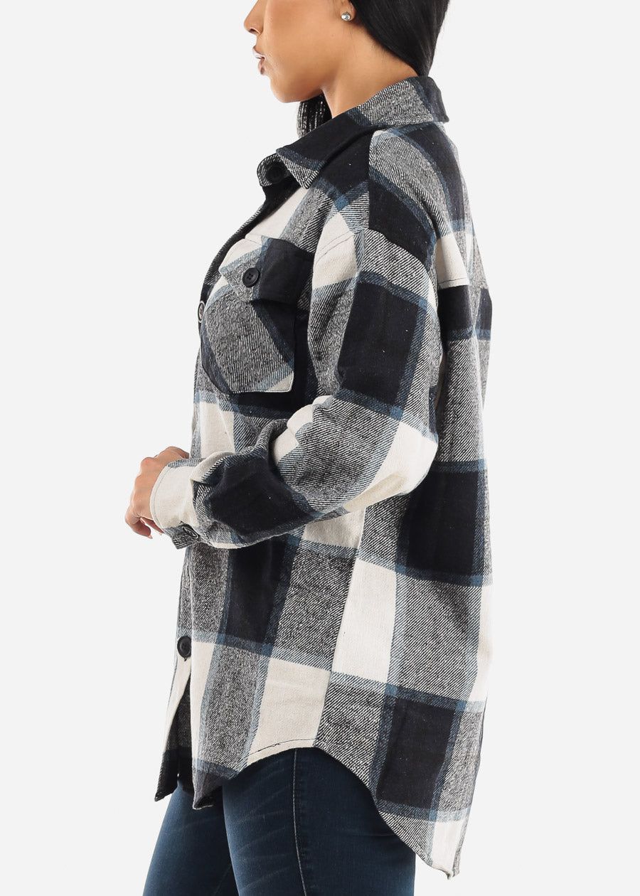 Oversized Plaid Button Down Cotton Shacket Navy & Black sold by Moda product image thumbnail 3