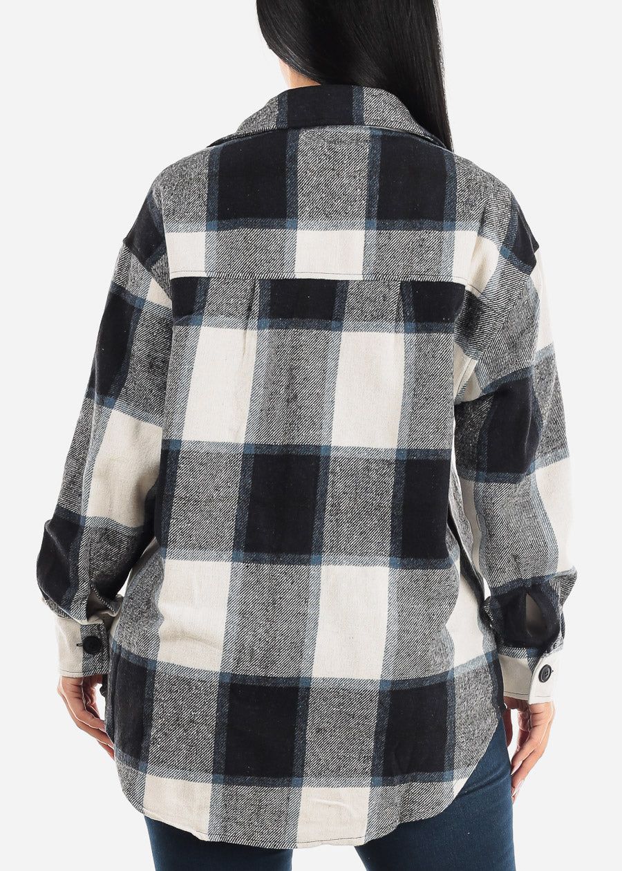 Oversized Plaid Button Down Cotton Shacket Navy & Black sold by Moda product image thumbnail 4