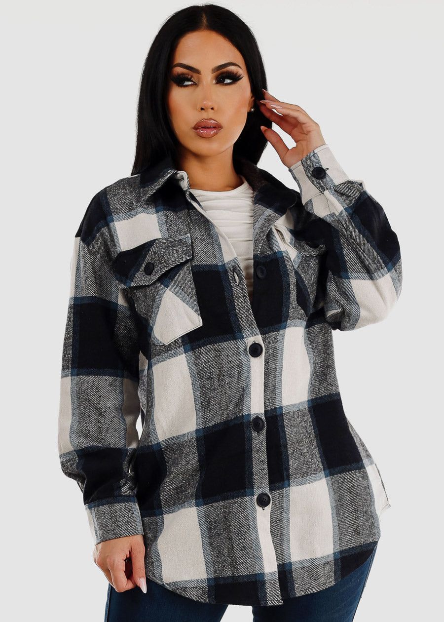 Oversized Plaid Button Down Cotton Shacket Navy & Black sold by Moda