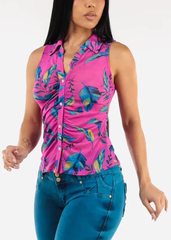 Sleeveless Button Up Floral Ruched Blouse Fuchsia (Test) sold by Moda