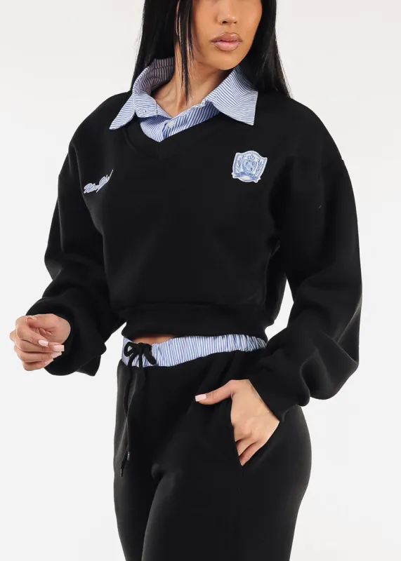 Cropped Fleece V-Neck Sweatshirt Black w Striped Collar sold by Moda