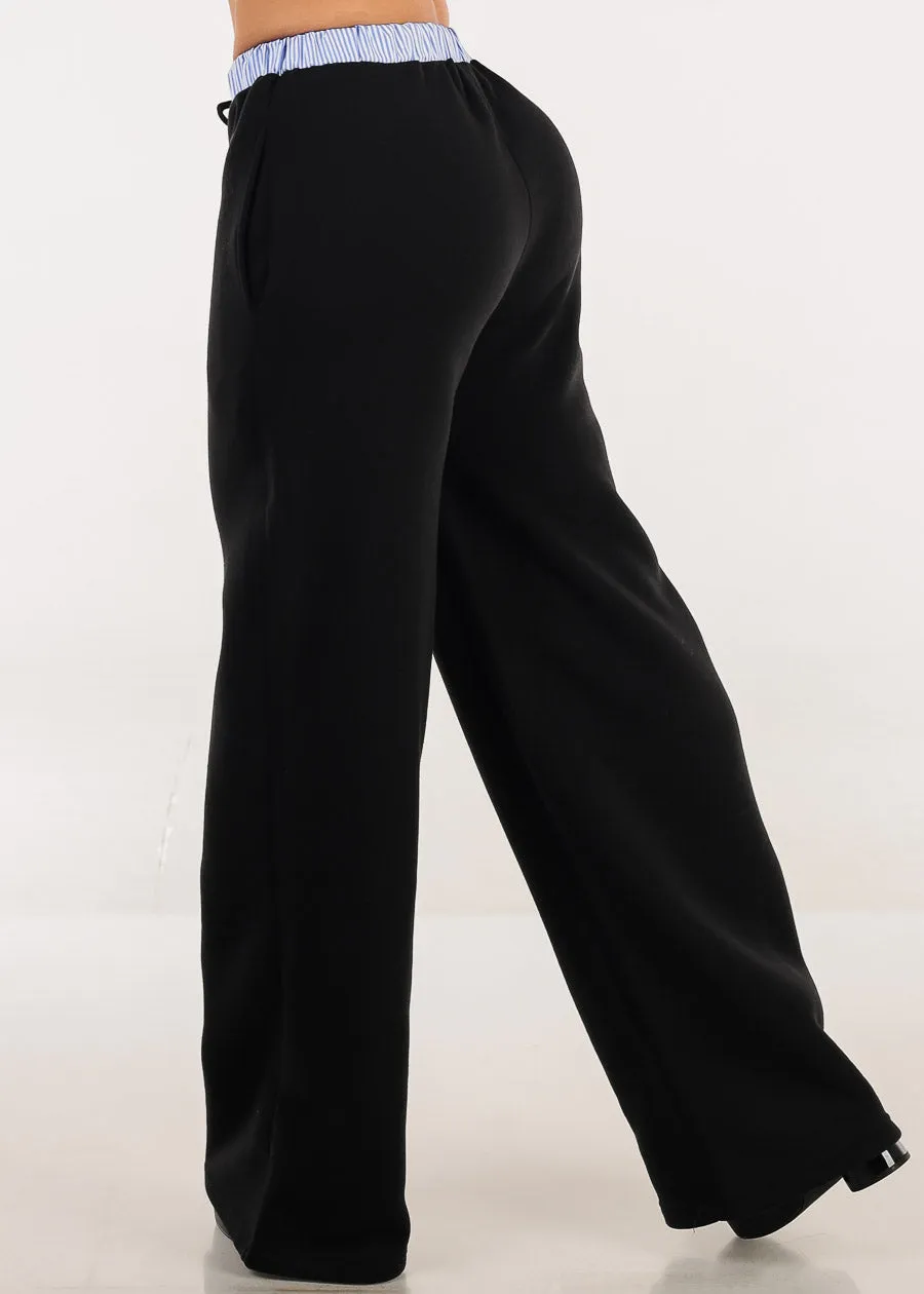 High Waist Wide Leg Fleece Sweatpants Black w Striped Waist sold by Moda product image thumbnail 4