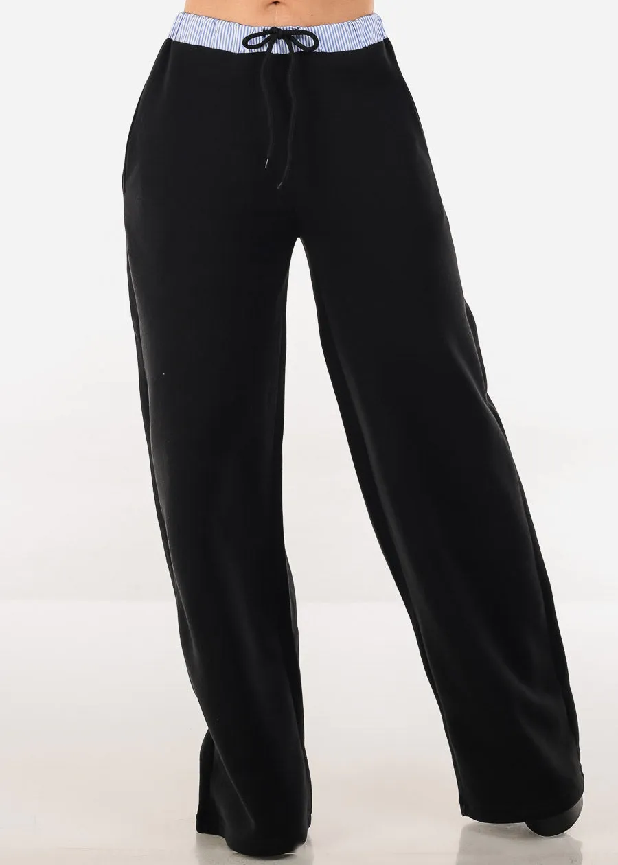 High Waist Wide Leg Fleece Sweatpants Black w Striped Waist sold by Moda
